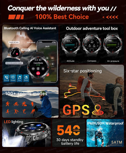 2025 New Outdoor Sport Smart Watch Men HD AMOLED Screen  Six Star GPS Positioning Heart Rate Bluetooth Call IP69/5ATM SmartWatch