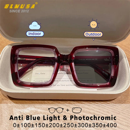 BLMUSA Square Photochromic Blue Light Blocking Large Frame Eyeglasses fashion Reading Glasses ladies Prescription Myopia Glasses - Kimlud