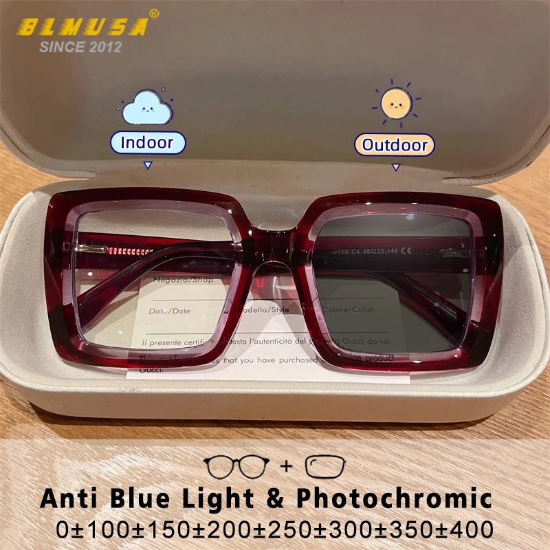 BLMUSA Square Photochromic Blue Light Blocking Large Frame Eyeglasses fashion Reading Glasses ladies Prescription Myopia Glasses - Kimlud