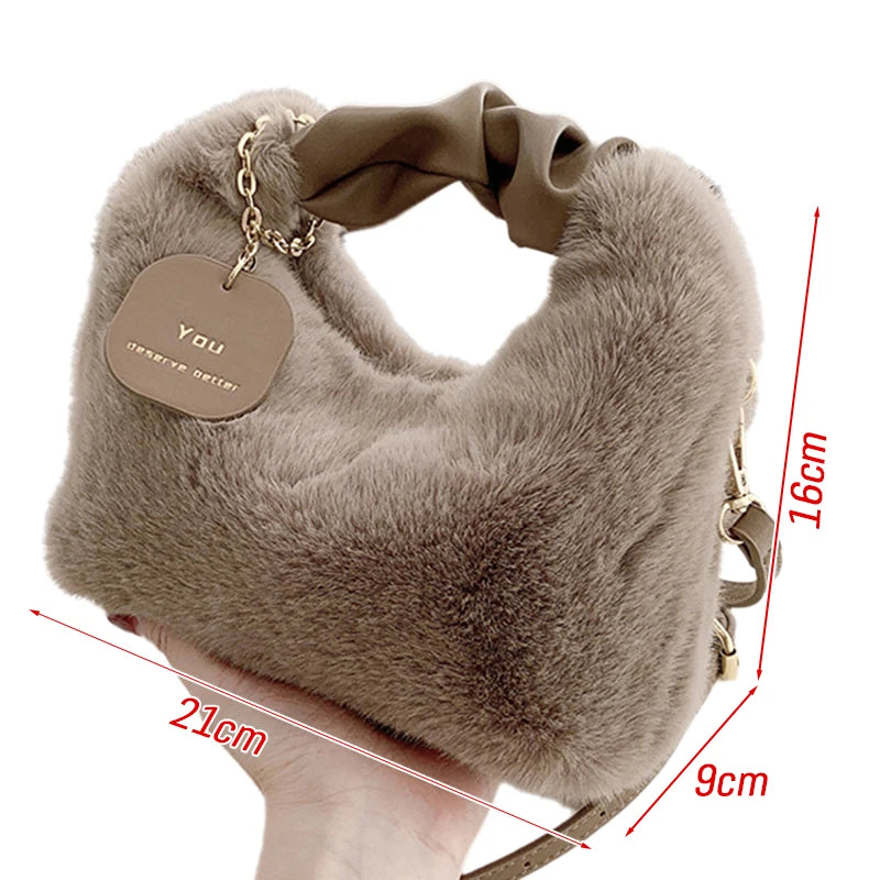Cute Faux Fur Plush Handbags Ruched Handle Small Lady Shoulder Crossbody Bag Casual Tote Half-Moon Hobos Winter Bags for Women