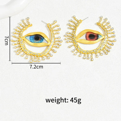 Gold Color Big Evil Eye Hoop Earrings For Women Gold Color Exaggerated Crystal Stone Left Right Side Statement Earrings For Girl