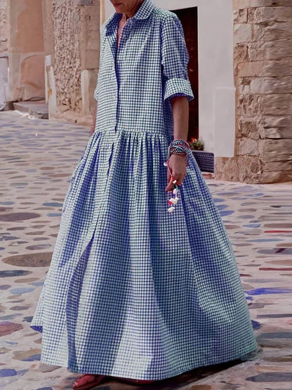 DSMTRC 2024 New Spring Autumn Long Sleeve Loose Button Casual Maxi Dresses Woman Korean Fashion Plaid Pleated Lapel Shirts Dress