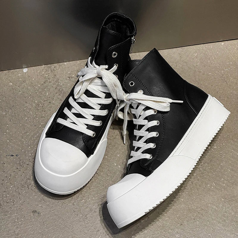 Celebrity Style Black High Top Men Shoes Thick Sole Height Increasing Couple Casual Round Toe High-end Short Boots