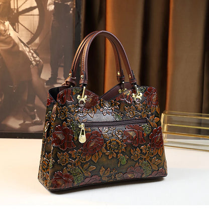Light Luxury PU Leather Tote Bag Large Capacity Crossbody Women Bag Fashion Vintage Flower Pattern Purse and Handbag - Kimlud