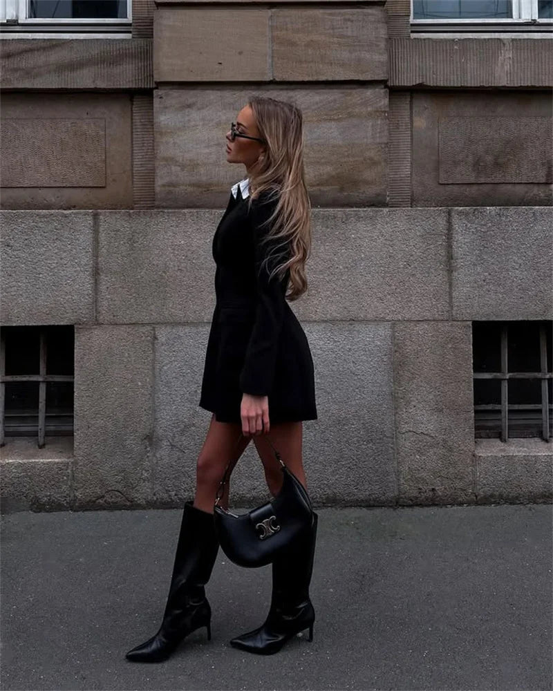 Mozision Long Sleeve Single-breasted Sexy Mini Dress Women Elegant Black Two Pocket High Waist A-line Club Party Dresses Female