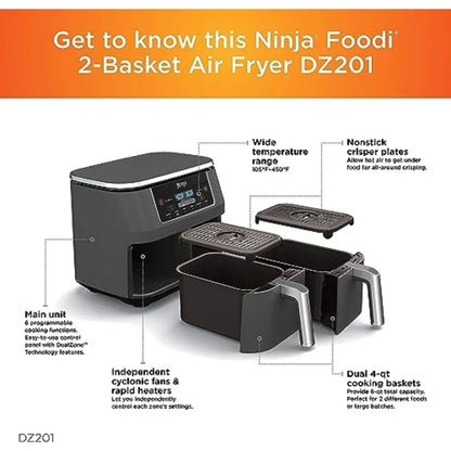 6-in-1 DualZone Air Fryer with 8-Quart Capacity and 2-Basket Design for Efficient Cooking Ideal for Large Families and Meal Pre