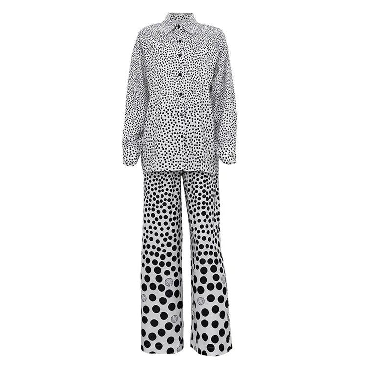 Fashion Loose Print 2 Piece Sets Loungewear Women Outfit Elegant Long Sleeve Shirts With High Waist Wide Pants Set Homewear