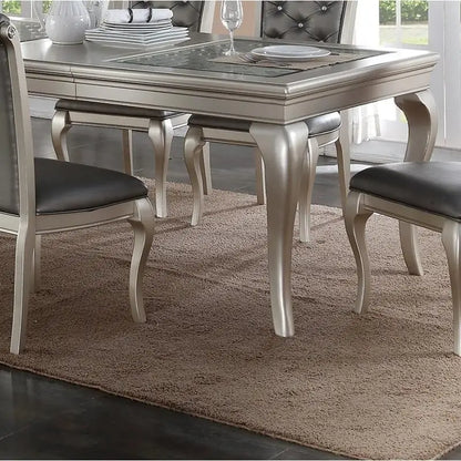 7pc Rect. Glass Dining Table Set w/ Silver Hue & 6 Tufted Side Chairs for Dining Room - Kimlud