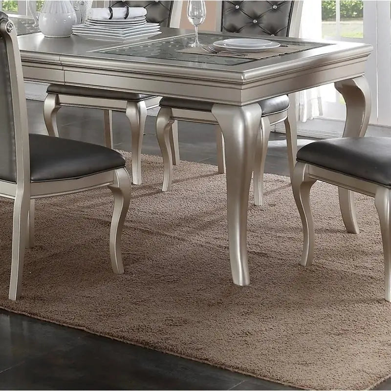 7pc Rect. Glass Dining Table Set w/ Silver Hue & 6 Tufted Side Chairs for Dining Room - Kimlud