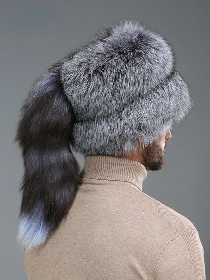 2024 Unisex Real Fox Fur Beanies Hat Mongolian Hat Unique Process Fox Tail Design Luxury Winter Warm Hats For Fashion Bomber Hat