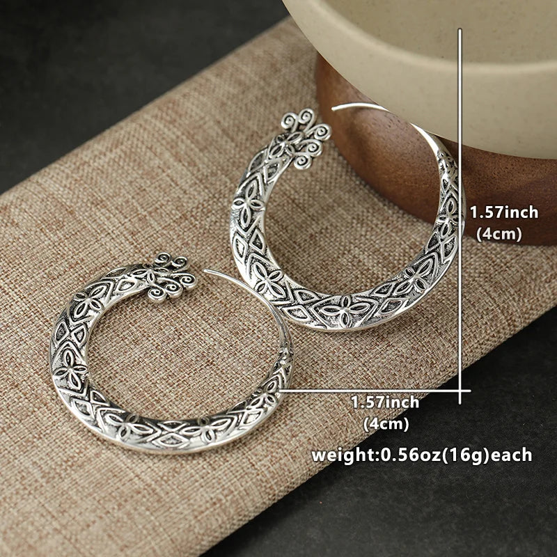 Vintage Ladies' Crescent Hoop Earrings Retro Ethnic Patterned Wide Circle Design Earrings Bohemian Style Jewelry Accessory