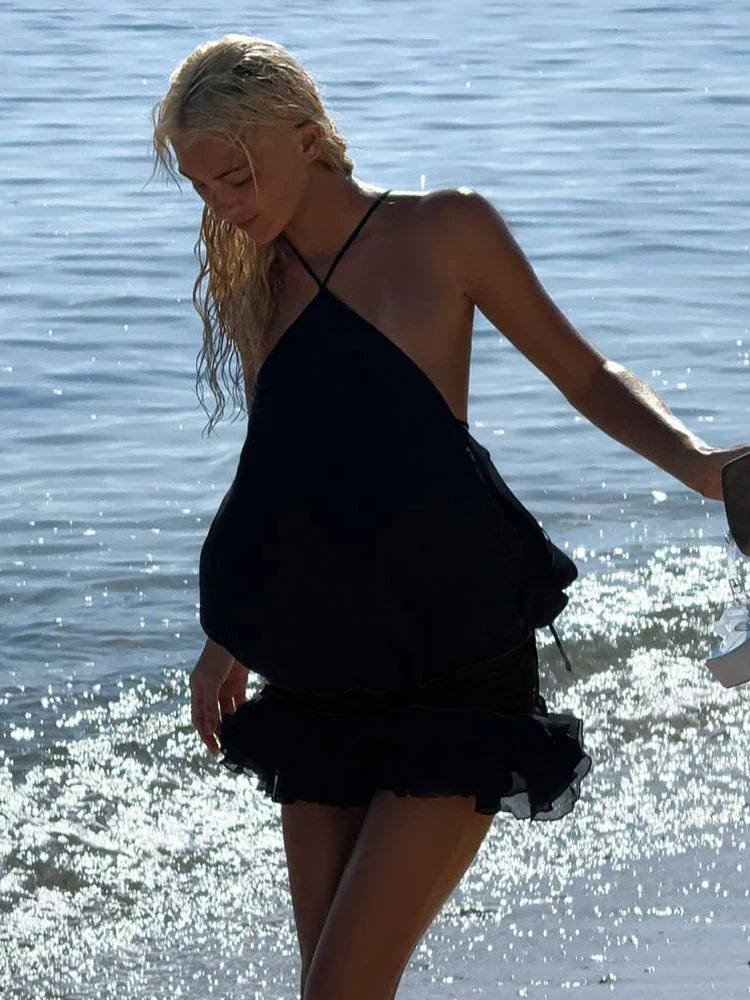 VC Edgy Black Halter Sleeveless Mini Dress Gown with Open Back for Trendy Parties