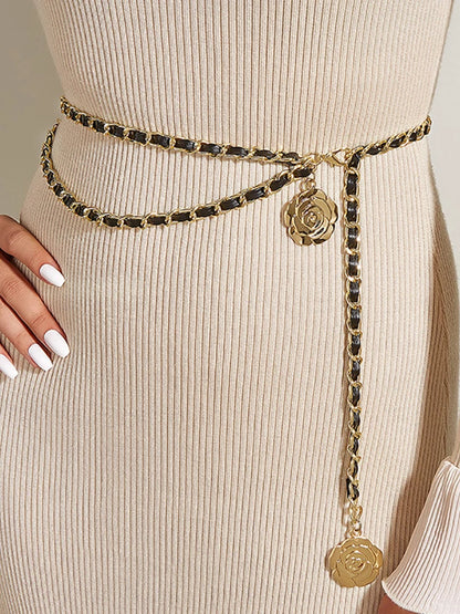 〔CC55〕Metal Waist Chain Belts Round Flower Pendant Chain Strap Rope Female Fine Waistband Dress Shirt Decora Waist...