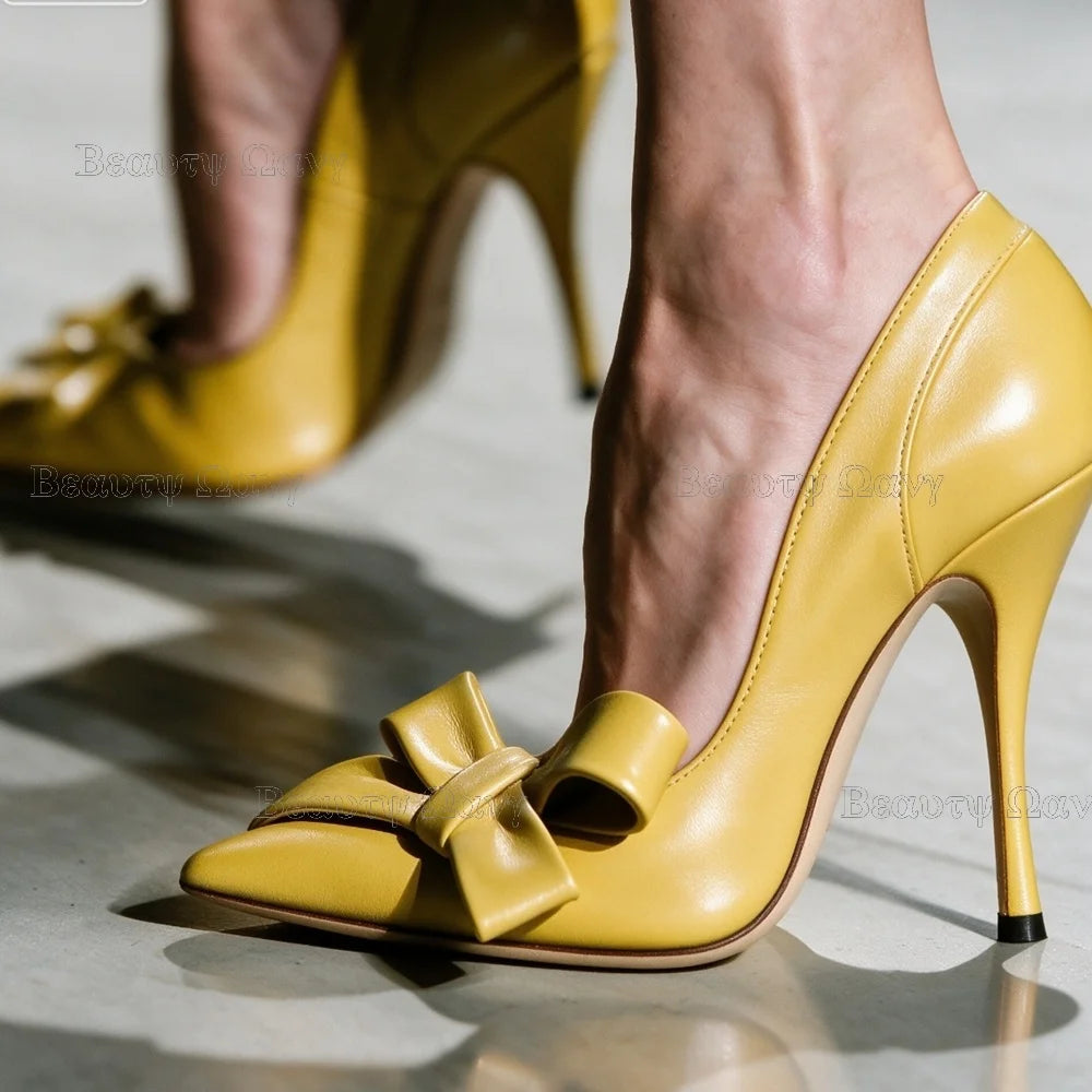 Red Bow Knot Pumps Pointed Toe Women Shoes Solid Slip on Thin High Heel Shoes for Girls Zapatos Para Hombres