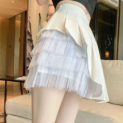 Pleated Skirts Women Chic Summer Party All-match Schoolgirls Clothing Vintage Slim Simple Pure Faldas Ulzzang Y2k Mesh Design