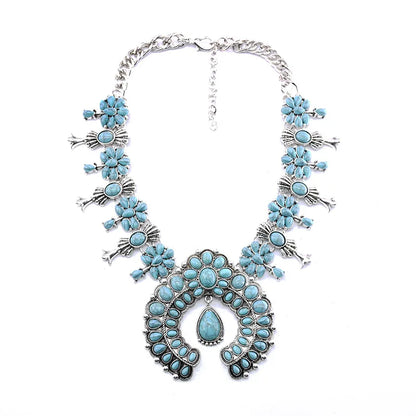 Navajo Indian Jewelry Set Costume Statement Red Turquoise Stone Resin Earrings and Western Squash Blossom Necklace for Women