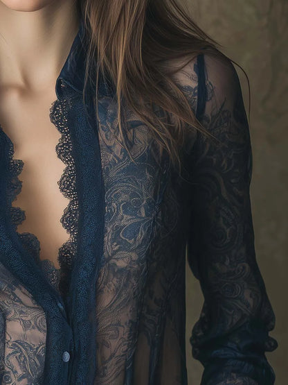 Romantic Paisley Print Lace Trim Sheer Shirt Sexy Single Button Long Sleeve Turn Down Collar Mesh Blouse Shirt Tops 2025