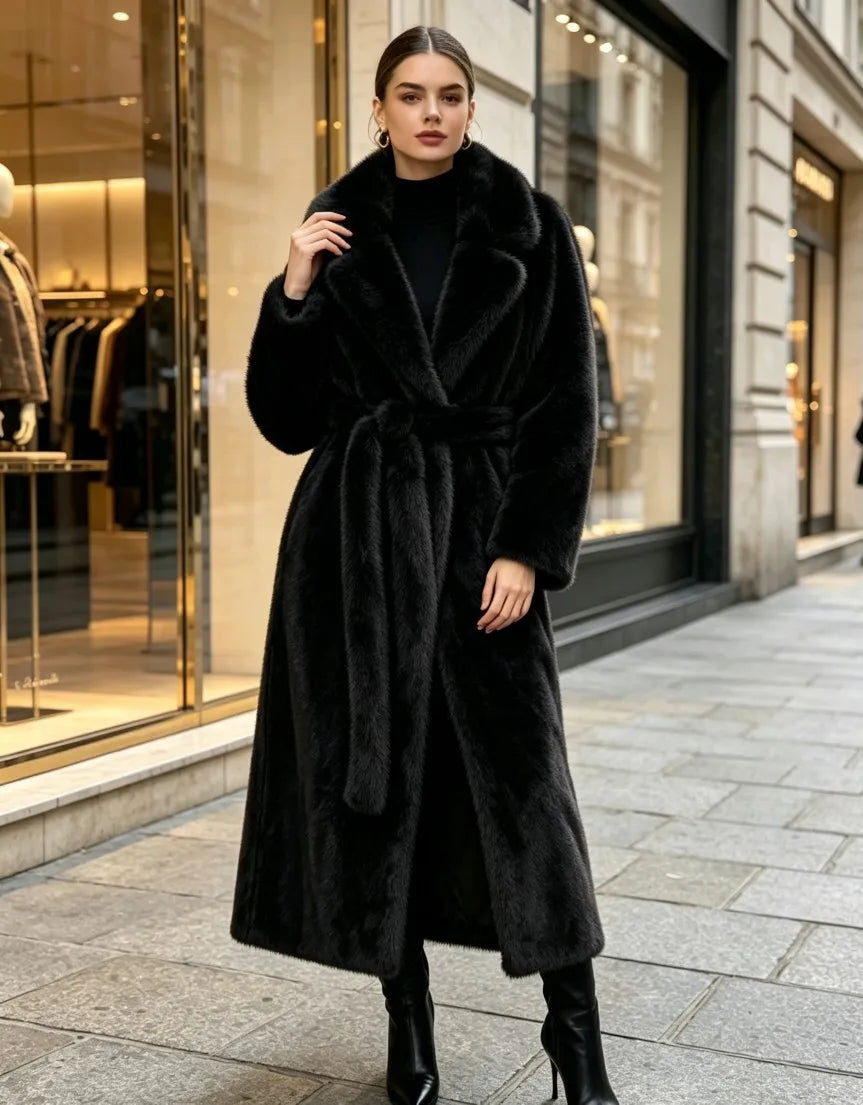 2026 Streetwear Fur Coat Women X-long Faux Mink Fur Overcoat Winter Thicken Turndown Collar Sashes Loose Outerwear Female Coats