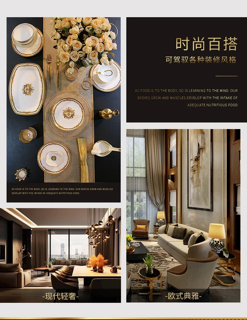 European Gold Luxury Tableware Designer Wedding Party Fine Bone China Dinnerware Sets Christmas Restaurant Vaisselle Dishes
