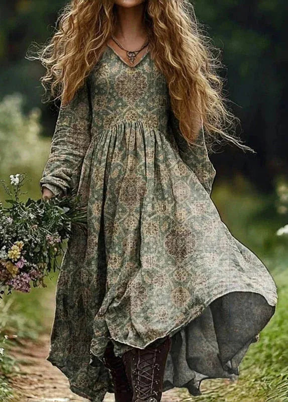 Boho Vintage Print Long Dresses For Women 2025 Casual V Neck Full Sleeve Splice High Waist Loose Dress Autumn Fashion Vestidos - Kimlud