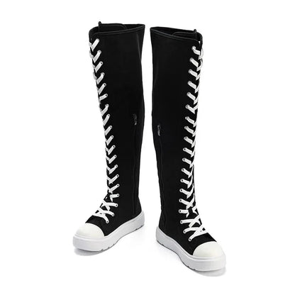 Plus Size Women's Canvas Boots Spring Autumn High Top Side Zipper Simple Long Tube over Knee Shoes Flat Heel Adult Footwear