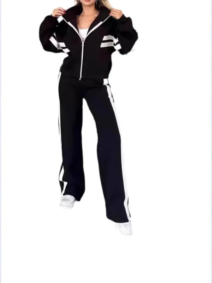 Y2K Striped Zipper Coat+sweatpants Two Piece Set Women Casual Batwing Sleeve Sports Outfits Autumn Winter Sweatshirt Suit
