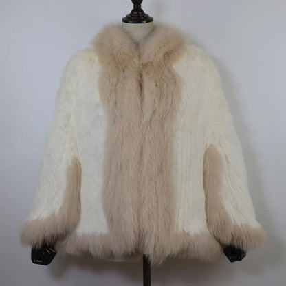 Hot Women Knitted 100% Real Rabbit Fur Shawl Winter Warm Genuine Rabbit Fur Pashmina Coat With Fox Fur Collar For Female...