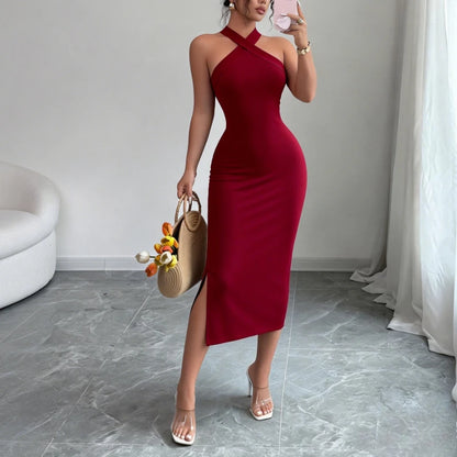 Women's Burgundy Halter Neck Sleeveless Stretchy Knit Bodycon Midi Dress Side Slit Elegant Summer Party Evening Dress Outfits