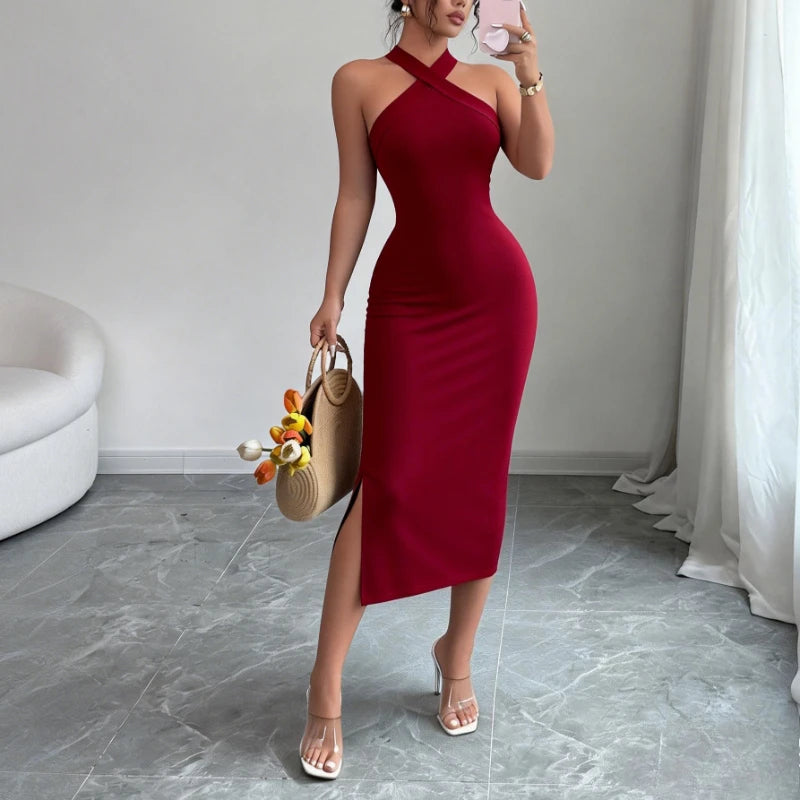 Women's Burgundy Halter Neck Sleeveless Stretchy Knit Bodycon Midi Dress Side Slit Elegant Summer Party Evening Dress Outfits