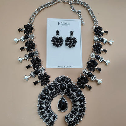 Navajo Indian Jewelry Set Costume Statement Red Turquoise Stone Resin Earrings and Western Squash Blossom Necklace for Women
