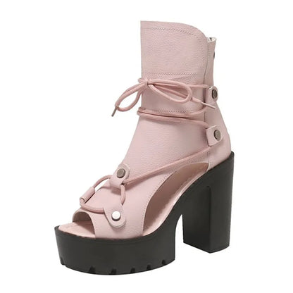 Women's Platform High Heel Ankle Boots Open Toe Lace Up Sandals Textured Finish Chunky Block Heel Zipper Closure Fashion...