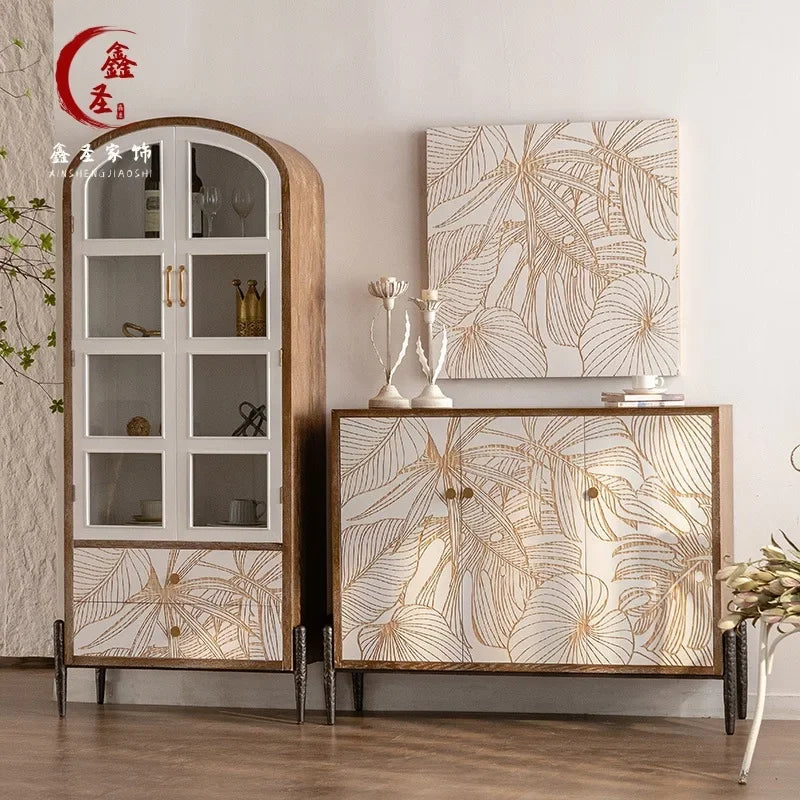 Modern Solid Wood Carving Flower Sideboard Buffet Cabinet with Door, Large Kitchen Storage Cabinet with Solid Wood Console Table