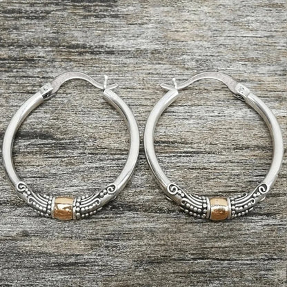 New Creative Retro Ethnic Pattern Double Color Stainless Steel Hoop Earrings for Women Trendy Personality Daily Wear Jewelry