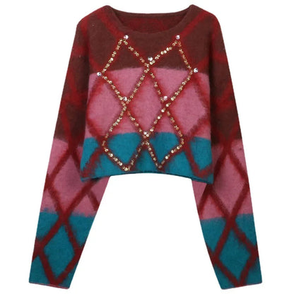 High Quality Color Contrast Diamond Beads Short Pullover Korean Loose Weight Sweater Traf Mohair Winter Women Tops