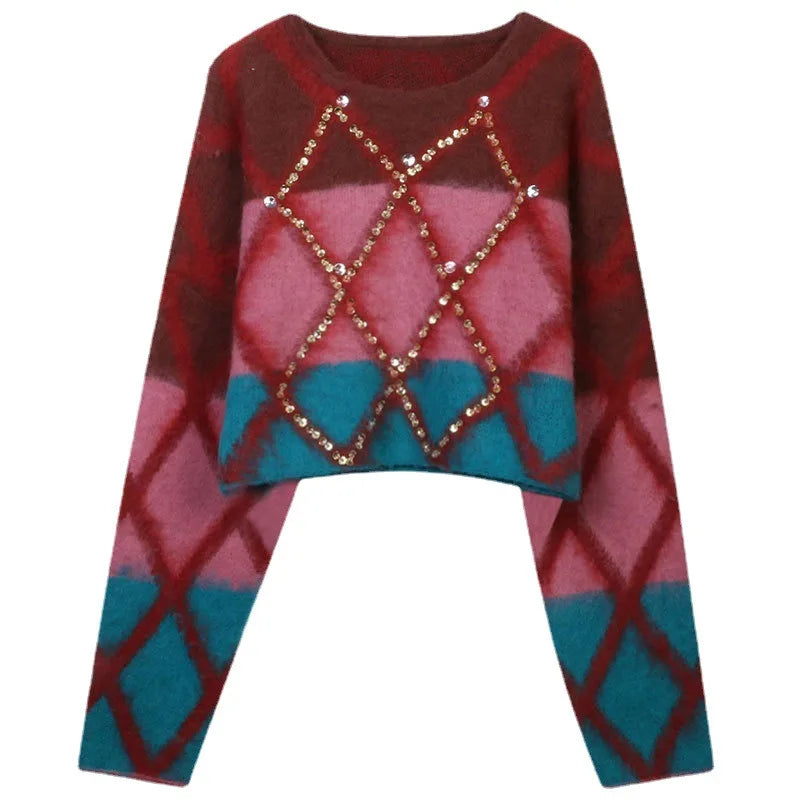 High Quality Color Contrast Diamond Beads Short Pullover Korean Loose Weight Sweater Traf Mohair Winter Women Tops