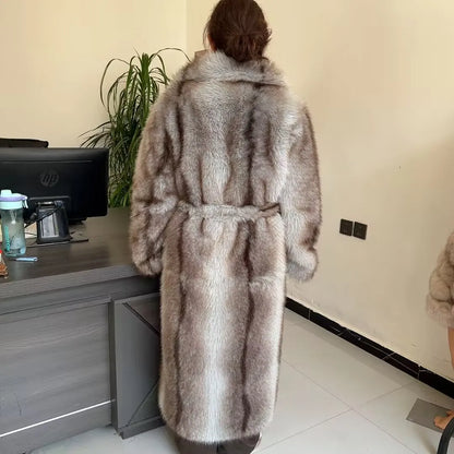 LHXDW New Style Women's Faux Fur Coat Long Waistband Design New Style with Black Imprint and Large Collar Faux Fur Jacket - Kimlud