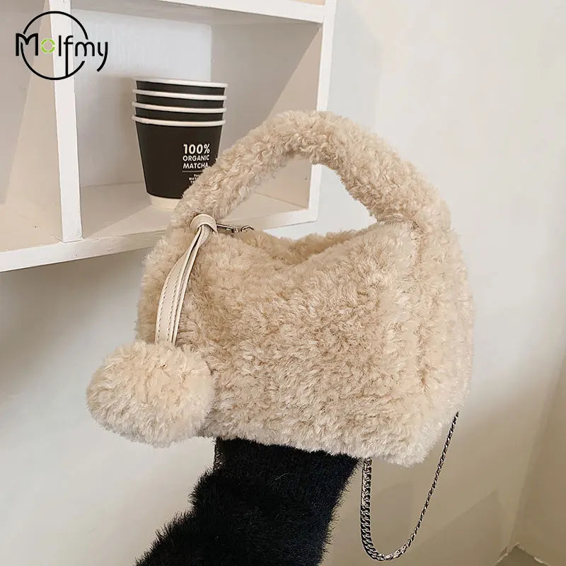 Handbag Women Faux Fur Plush Women's Bags Lady Shoulder Crossbody Bag Casual Tote Half-Moon Hobos Winter Bags for Women 2025 New