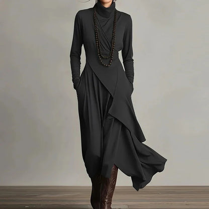 Spring Autumn Long Sleeve Solid Party Dress, Women Holiday Turtleneck Simple Irregular Dress, New Fashion Patchwork Ladies Dress