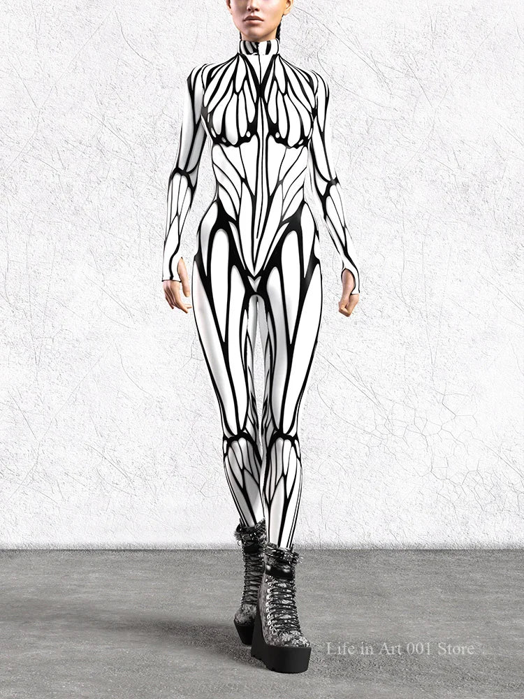 Black and White Pattern Zentai Suit Halloween Cosplay Morphsuit Women Rave Bodysuits Jumpsuits Tights Carnival Party Masquerade