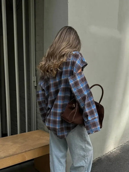 Fashion Checkered Pattern Shirt Women Elegant Lapel Long Sleeve Single Breasted Pocket Loose Tops 2026 New Chic Outerwear Shirt