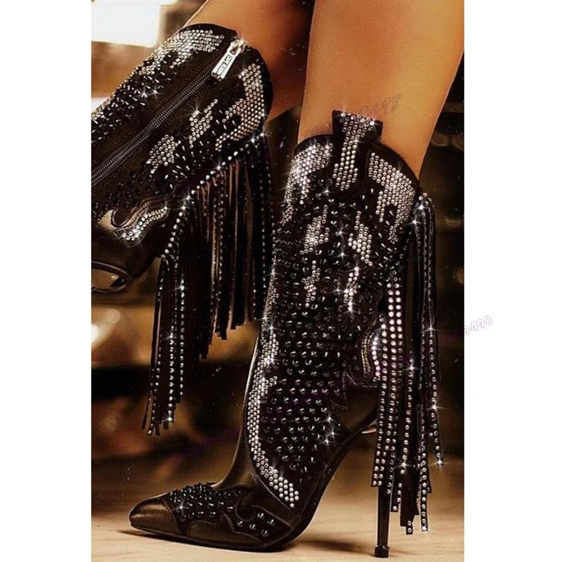 Black Tassel Crystal Decor Ankle Boots Pointed Toe Shoes for Women Thin High Heels Sexy Runway Shoes 2025 Zapatos Para Mujere