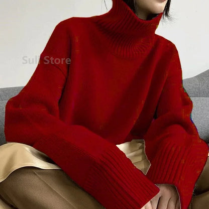 2023 Autumn and Winter New Thick Cashmere Sweater Women High Neck Pullover Sweater Warm Loose Knitted Base Sweater Jacket Tops