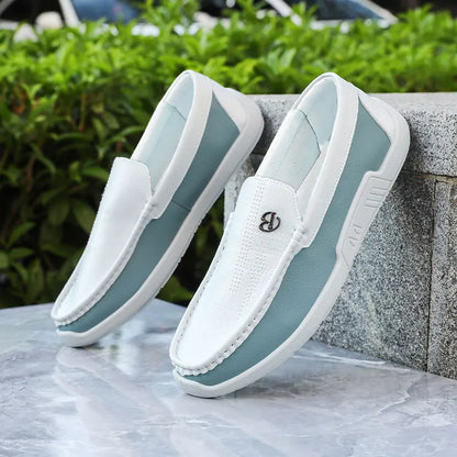 Men's Business Casual Slip-On Loafers White Blue Color Block Comfortable Driving Lightweight Daily Commute Friendly Shoes