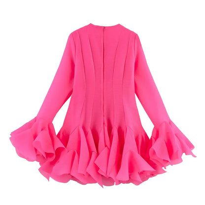 2026 Summer Women's Elegant Multi-Layered Ruffled Hem Mini Dresses Lady Sweet French Style Long Flare Sleeve Slim Fit Puffy Robe - Kimlud