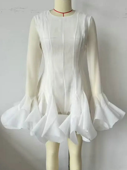 2026 Summer Women's Elegant Multi-Layered Ruffled Hem Mini Dresses Lady Sweet French Style Long Flare Sleeve Slim Fit Puffy Robe - Kimlud