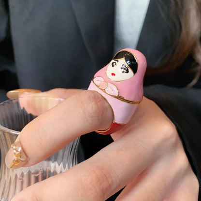 Colorful Enamel Oil Drip Doll Cute Russian Nesting Doll Green Frog Sweet Cool Stacking Ring for Women Girl Creative Jewelry