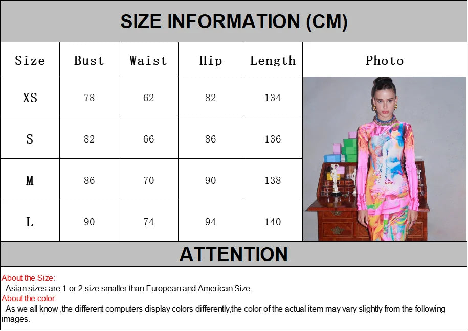 Punk Graffiti Print Bodycon Long Dress Women 2025 Autumn Stand Collar Long Sleeve Slim Fit Fish Tail Dress Party Club...