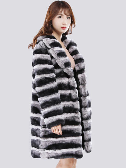 Rex Rabbit Fur Fur Coat Women's jacket Winter Warm Mink Coat Casual Medium Long Thick Trench Coat Plus Size Jacket striped 2025