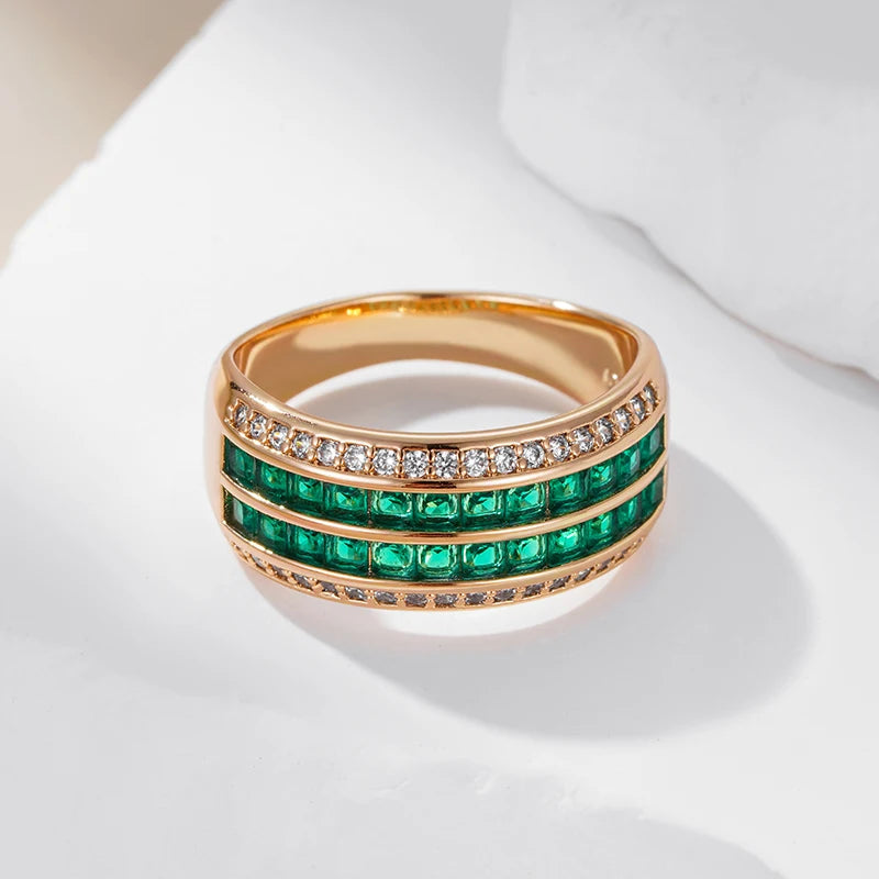 Kinel Luxury Full Green Natural Zircon 9mm Width Rings For Women Fashion Design 585 Rose Gold Color Modern Party Daily Jewelry