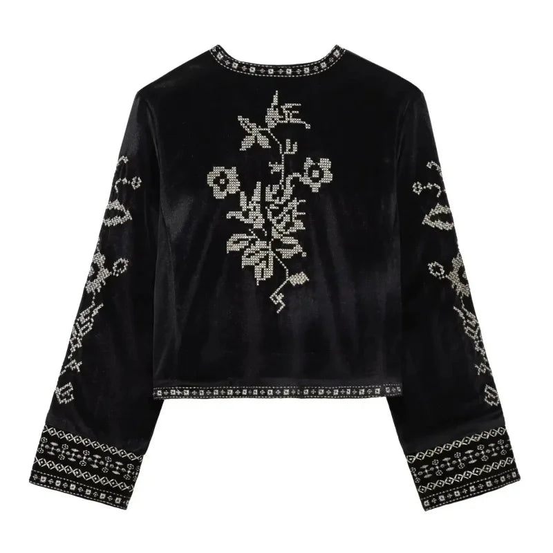 Women Vintage Velvet Embroidery Short Jacket Casual Slim Long Sleeve O Neck Jackets Winter 2025 New Elegant Simple Street Coat